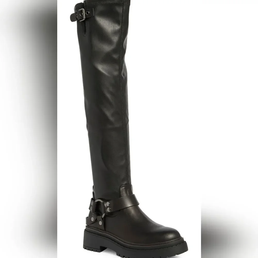 Steve Madden Lawful Over-The-Knee Harness Boots Moto Lug Sole NEW Size 9